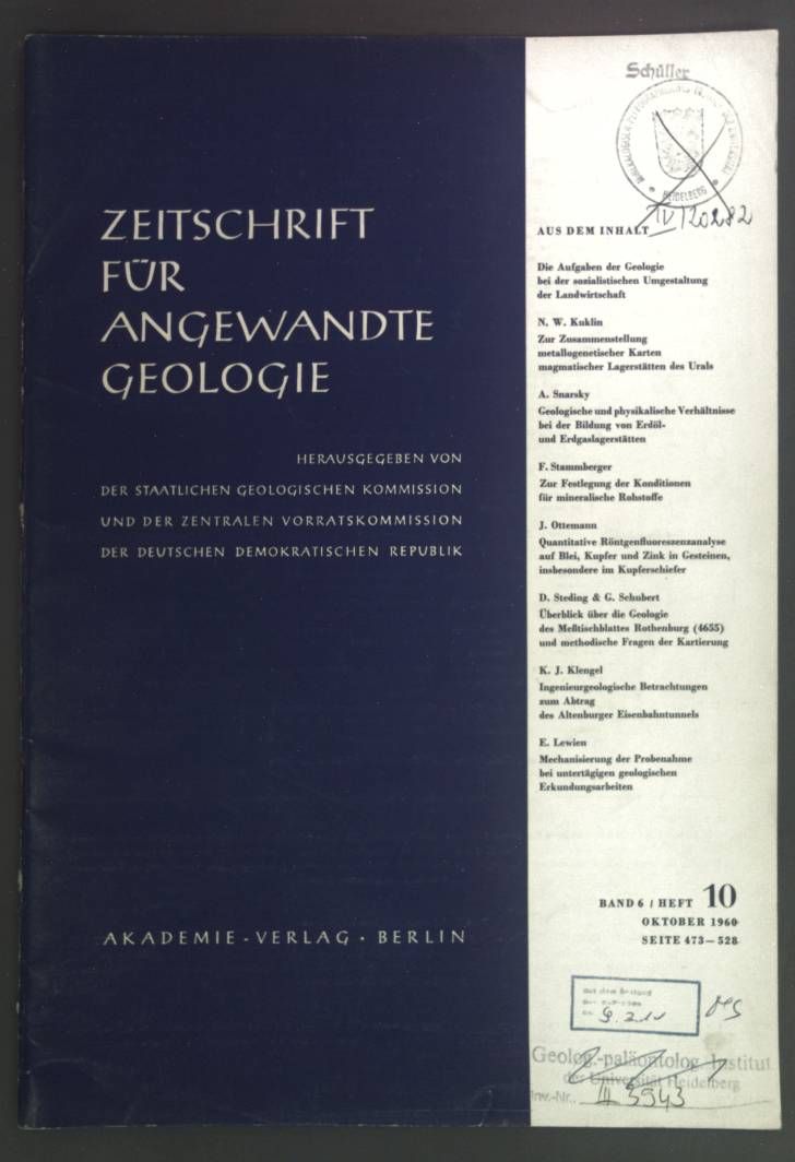 Zur Zusammenstellung metallogenetischer Karten magmatischer Lagerstätten des Urals. - in: Zeitschrift für angewandte Geologie Band 6, Heft 10, 1960