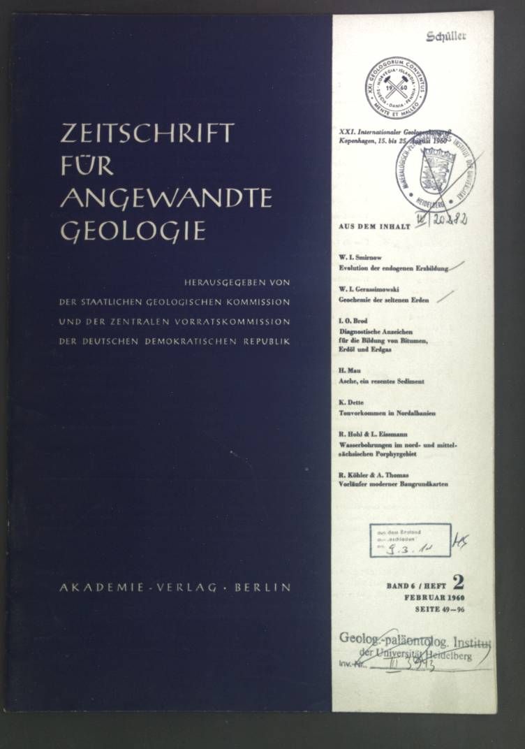 Evolution der endogenen Erzbildung. - in: Zeitschrift für angewandte Geologie Band 6, Heft 2, 1960