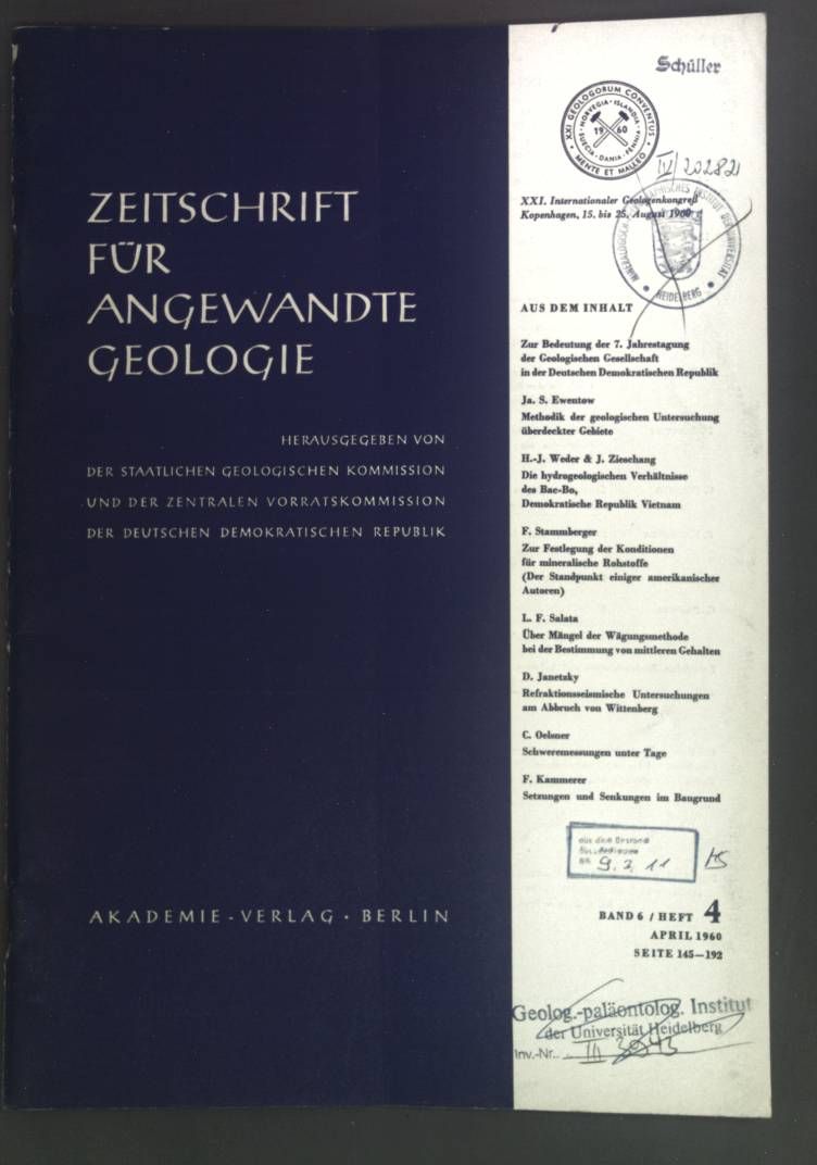 Methodik der geologischen Untersuchung überdeckter Gebiete. - in: Zeitschrift für angewandte Geologie Band 6, Heft 4, 1960