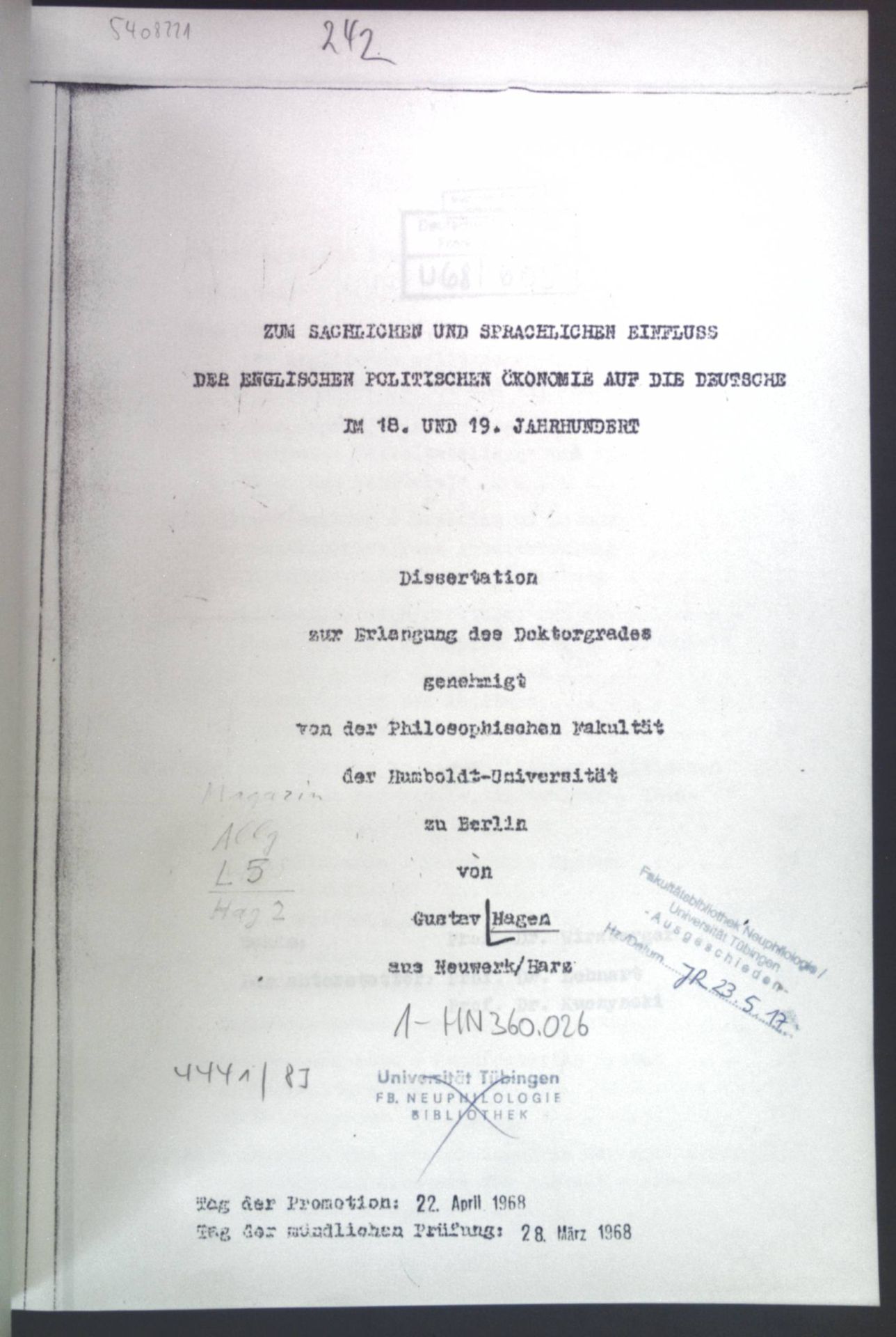 Zum sachlichen und sprachlichen Einfluss der englischen politischen Ökonomie auf die deutsche im 18. und 19. Jahrhundert. (Dissertation) (KOPIERTES EXEMPLAR)
