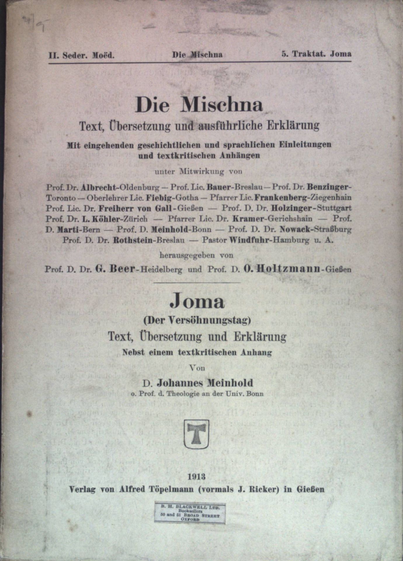 Die Mischna: Text, Übersetzung und ausführliche Erklärung