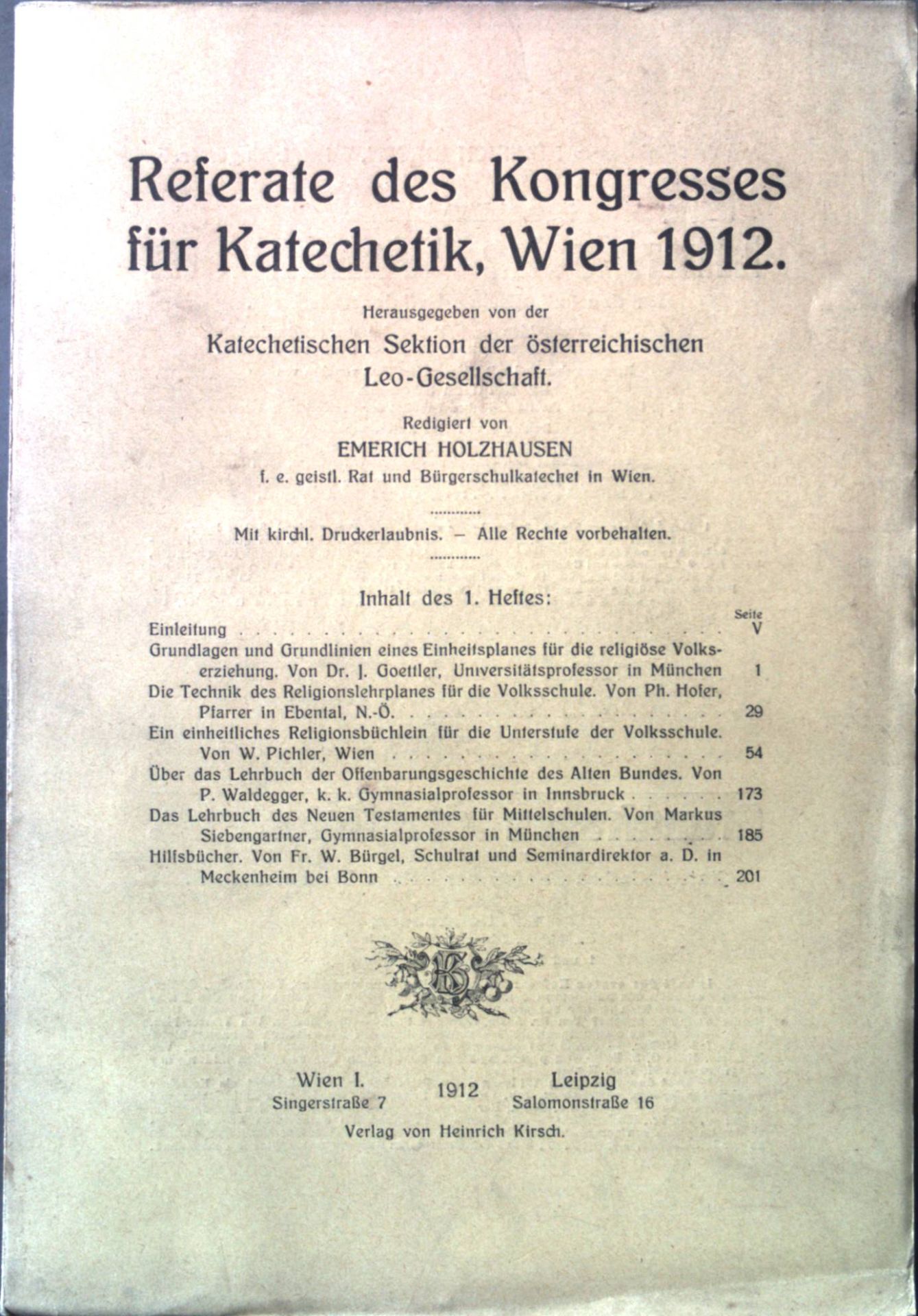 Referate des Kongresses für Katechetik, Wien 1912