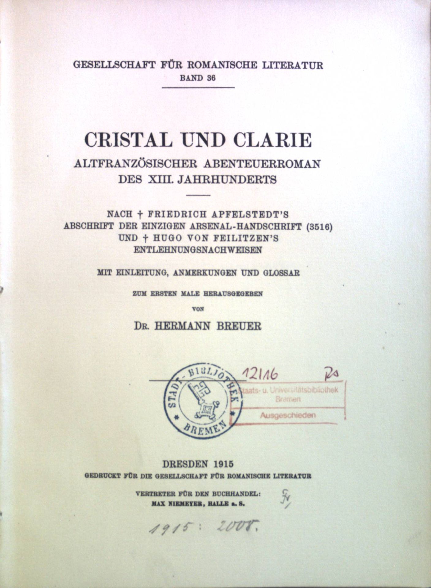 Cristal und Clarie - Altfranzösischer Abenteuerroman des XIII. Jahrhunderts