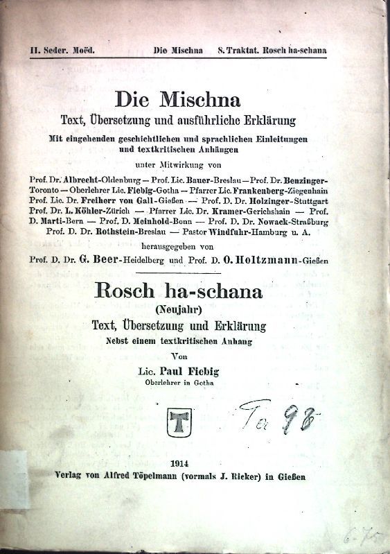 Rosch ha-schana: Text, Übersetzung und Erklärung, nebst einem kritischen Anhang