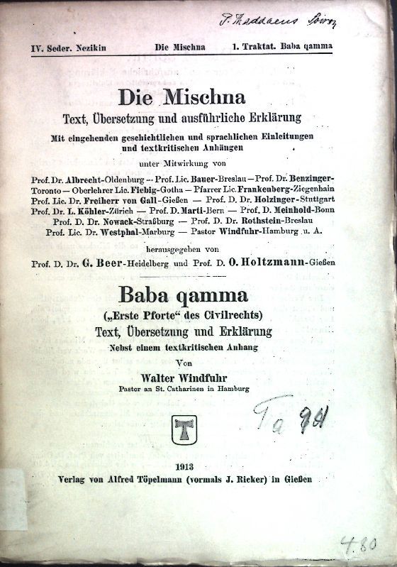Baba qamma (erste Pforte desw Civilrechts) - Texte, Übersetzung und Erklärung, nebst einem kritischen Anhang