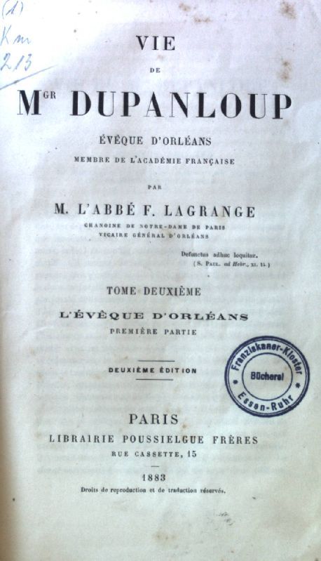 Vie de Mgr Dupanloup eveque d'Orleans
