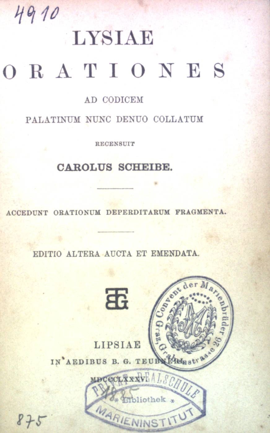 Lysiae Orationes ad Codicem Palatinum Nunc Denuo Collatum