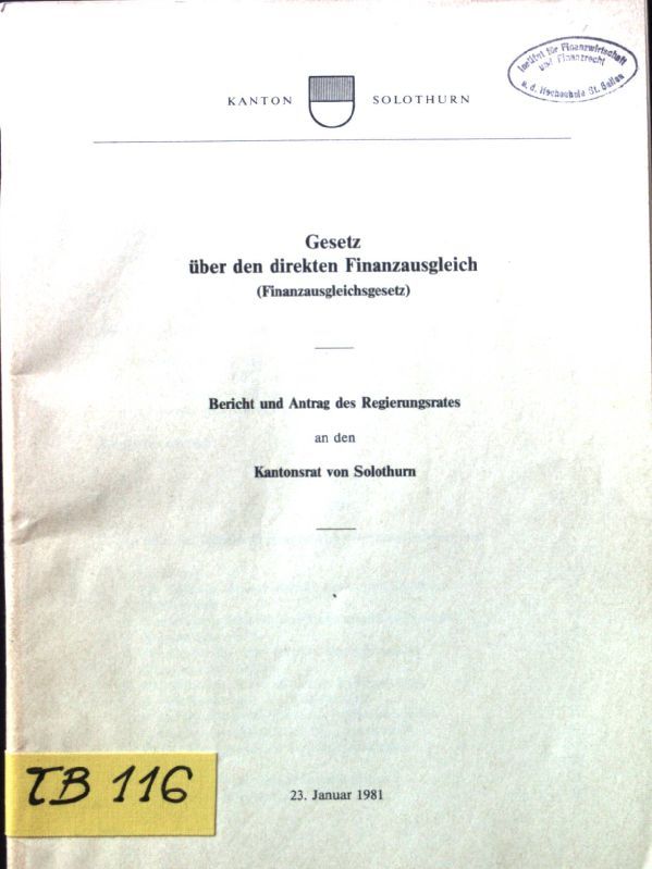 Gesetz über den direkten Finanzausgleich (Finanzausgleichsgesetz). Bericht und Antrag des Regierungsrates an den Kantonsrat von Solothurn