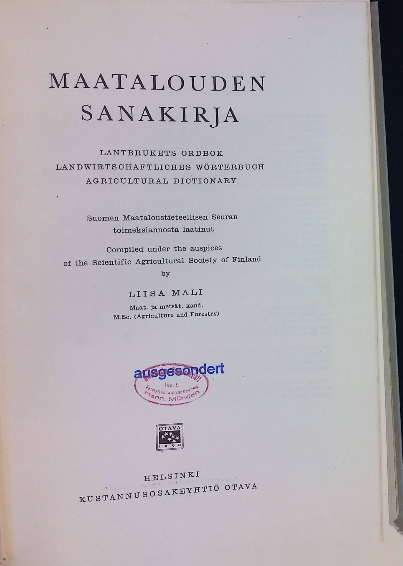 Maatalouden Sanakirja: Lantbrukets Ordbok-Landwirtschatliches Wörterbuch-Agricultural Dictionary