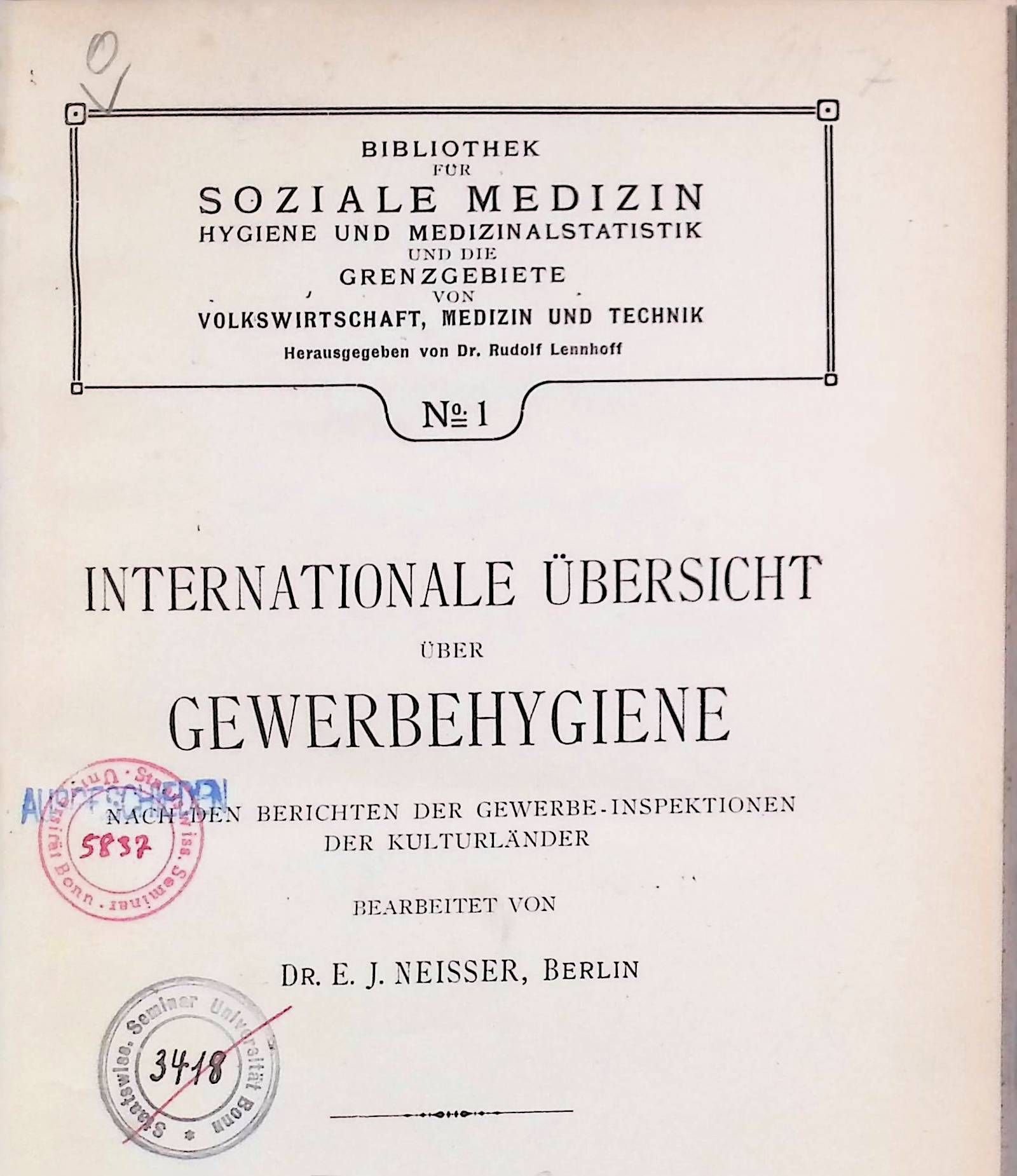 Internationale Übersicht über Gewerbehygiene nach den Berichten der Gewerbe-Inspektionen der Kulturländer