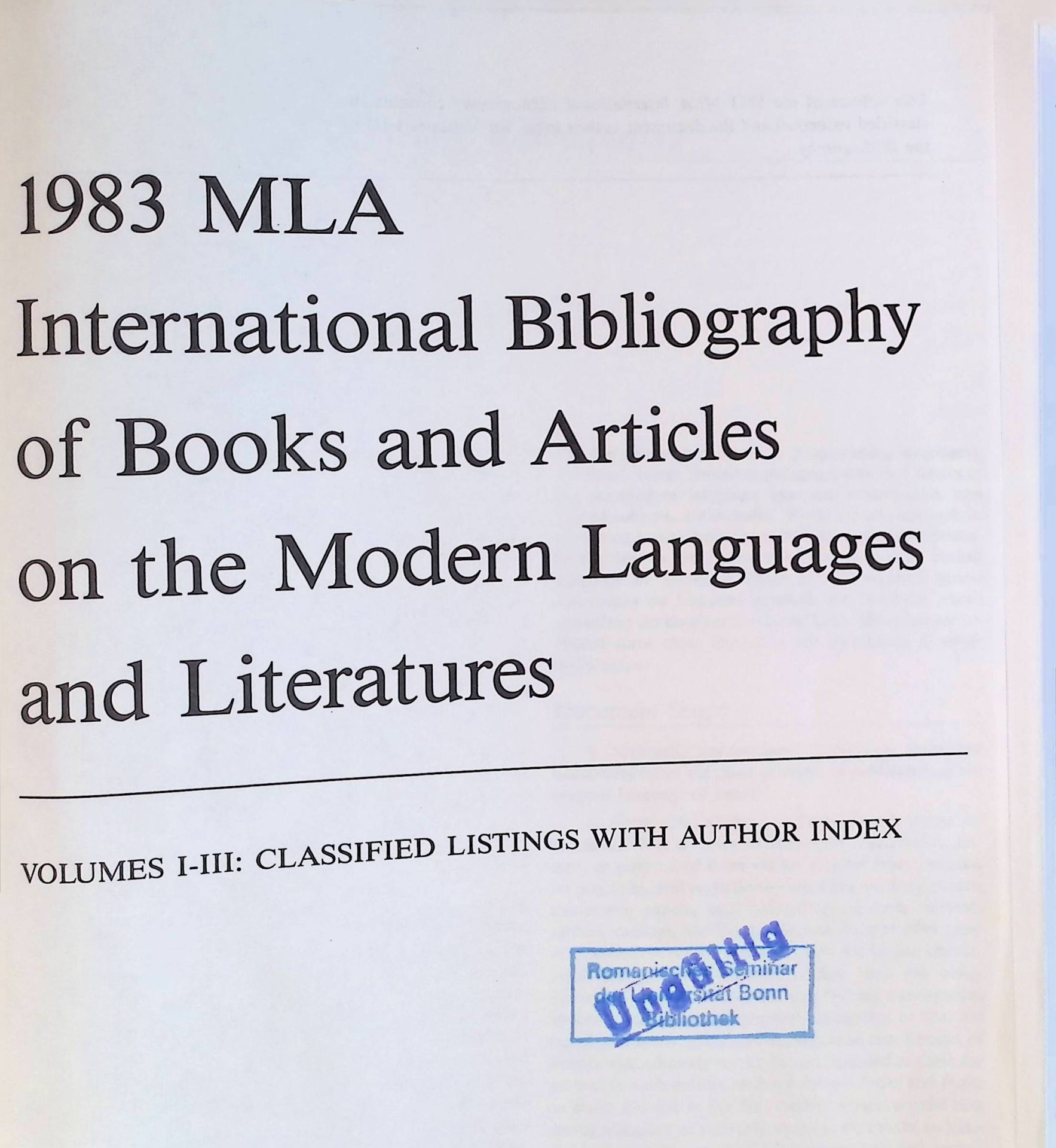 1983 MLA International Bibliography of Books and Articles on the Modern Languages and Literatures