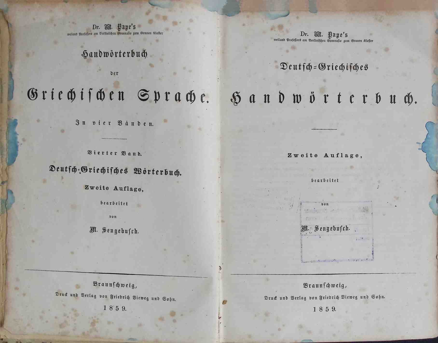 W. Pape's Handwörterbuch der griechischen Sprache in vier Bänden. - VIERTER BAND: Deutsch-griechisches Handwörterbuch