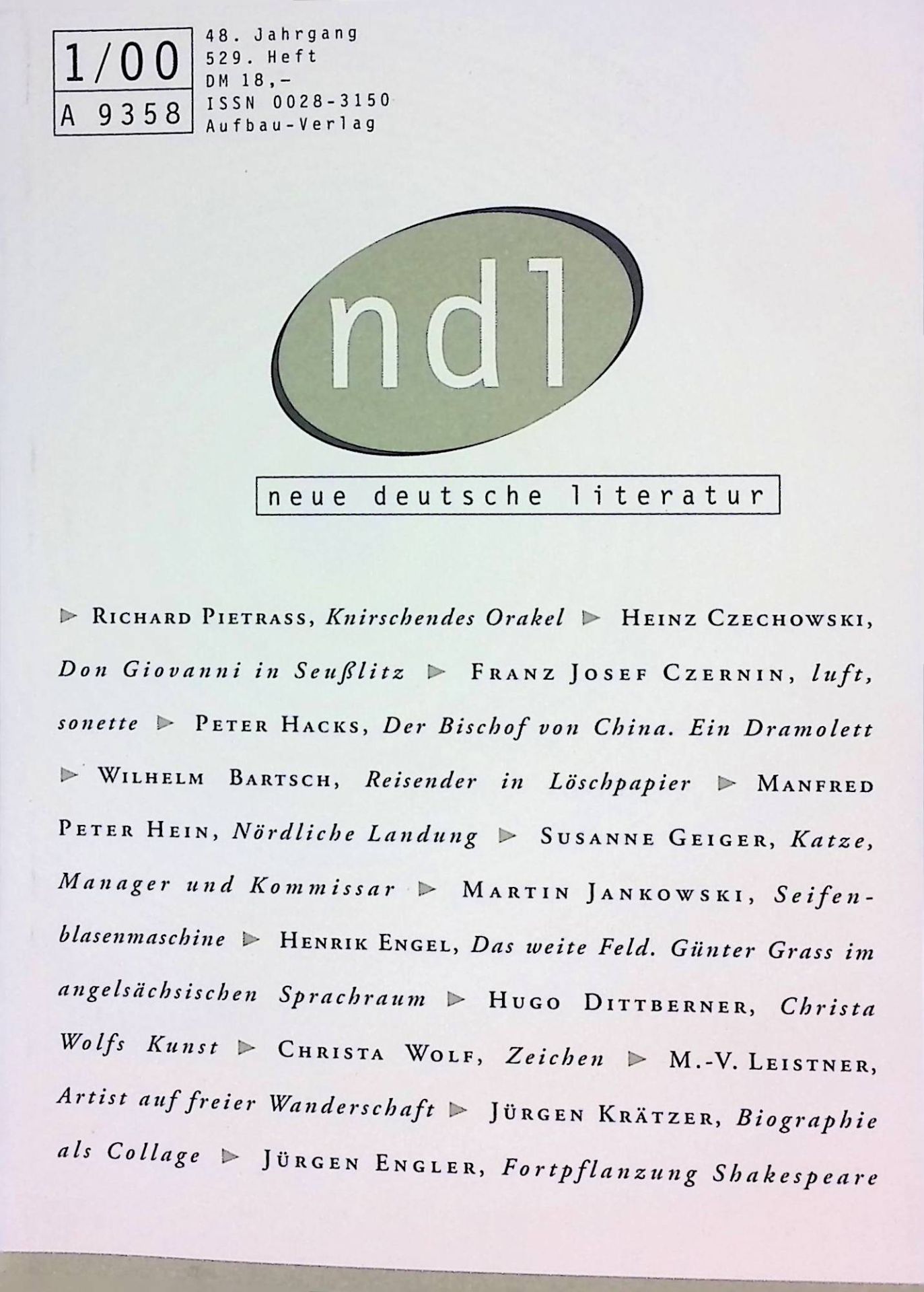 ndl. Zeitschrift für deutschsprachige Literatur. 48. Jahrgang - 529. Heft - Januar / Februar 2000