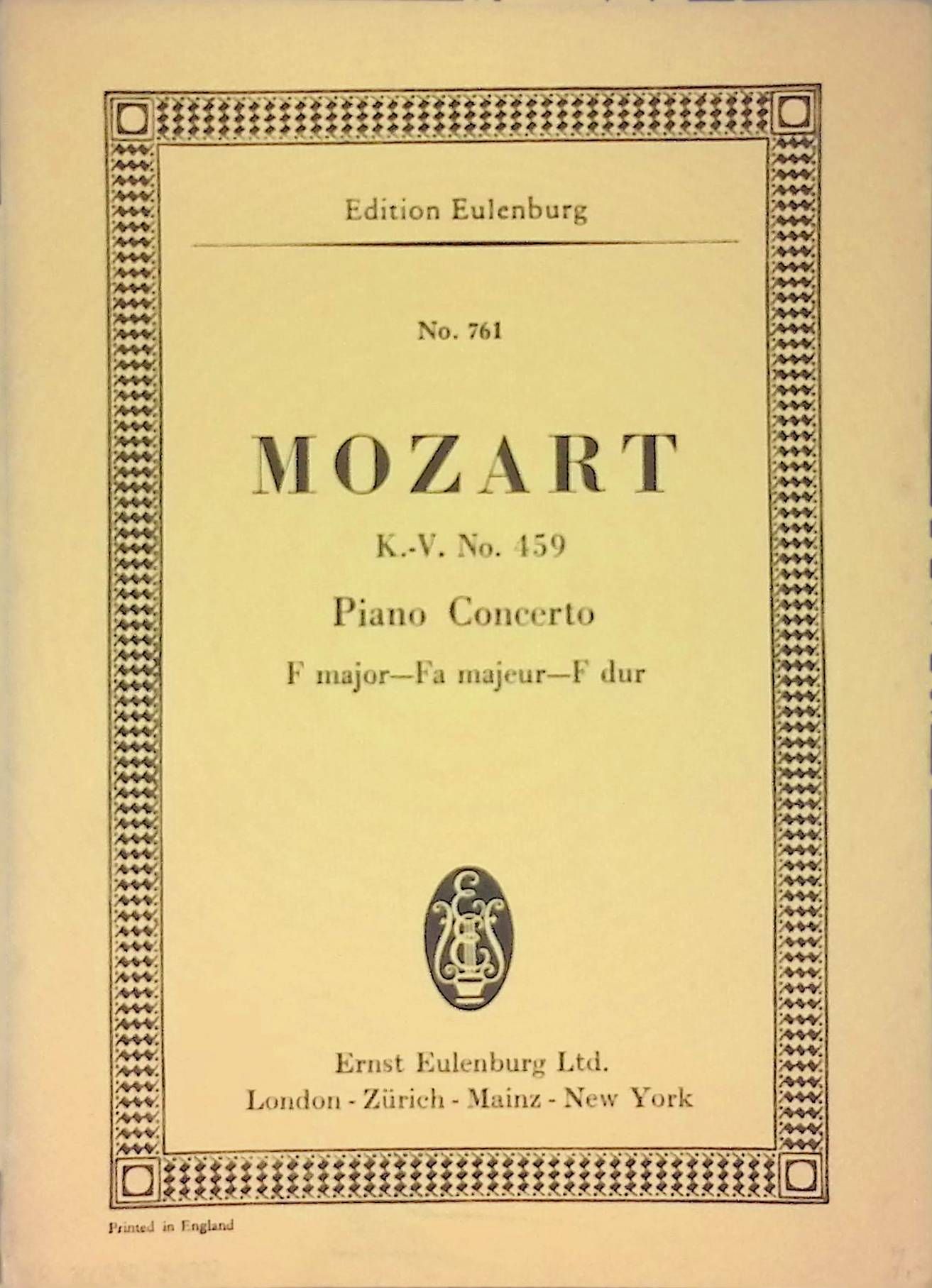 Concerto F major for Pianoforte and Orchestra. K.-V. No. 459