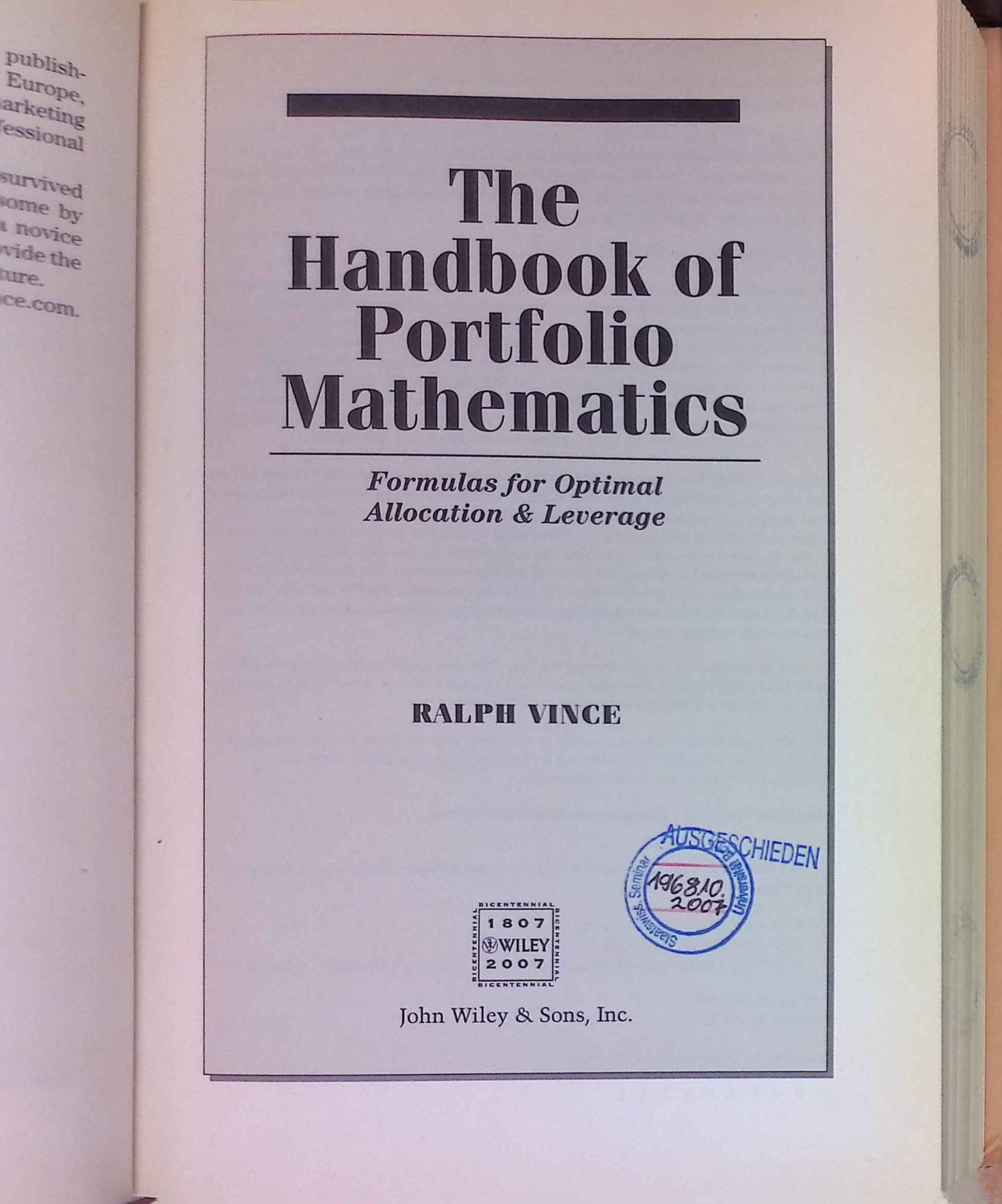 The Handbook of Portfolio Mathematics: Formulas for Optimal Allocation & Leverage