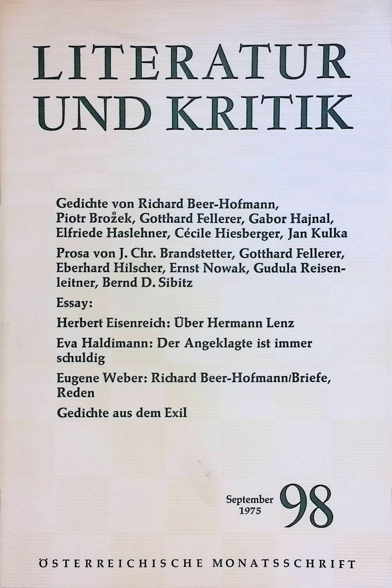 Literatur und Kritik. Österreichische Monatsschrift. September 1975, Heft 98