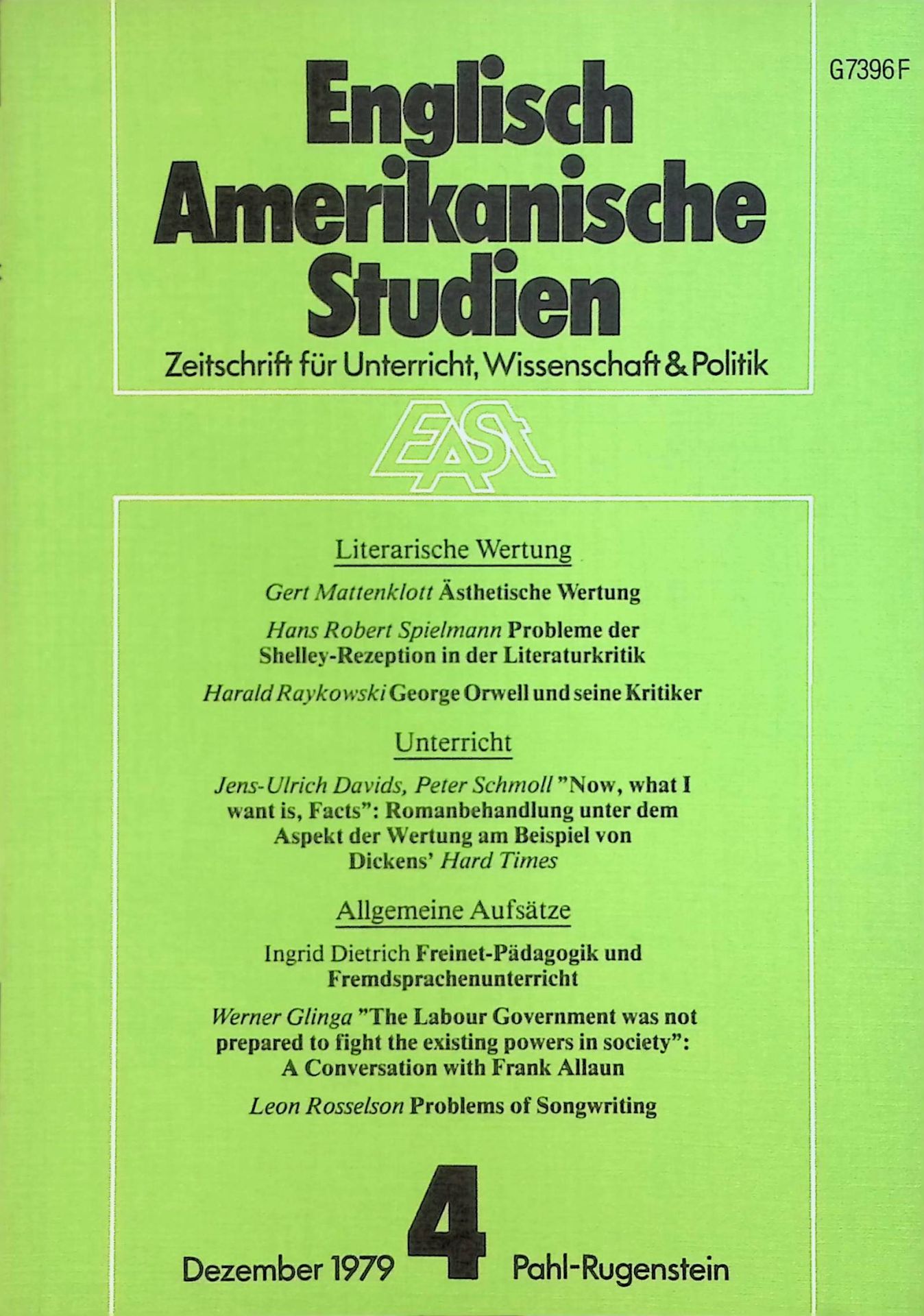 Probleme der Shelley-Rezeption in der Literaturkritik. -in: Englisch Amerikanische Studien. Zeitschrift für Unterricht, Wissenschaft & Politik. 1. Jahrgang, Heft 4, Dezember 1979