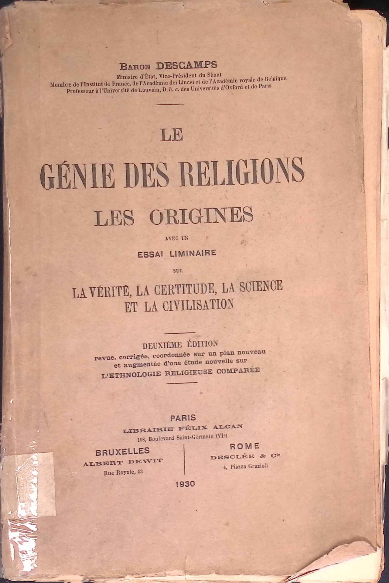 Le Genie des Religions les origines avec un Essai Liminaire sur La vertie, La Certitude, la Science et la Civilisation