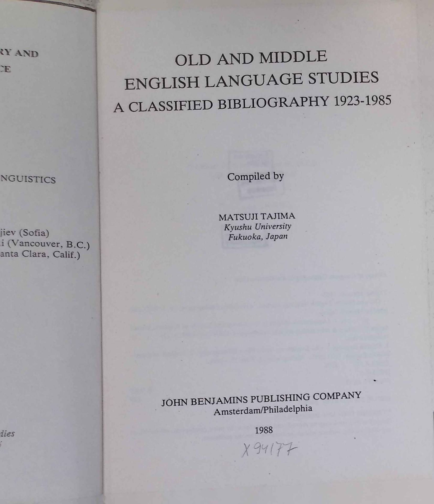 Old and Middle English Language Studies: A Classified Bibliography 1923-1985