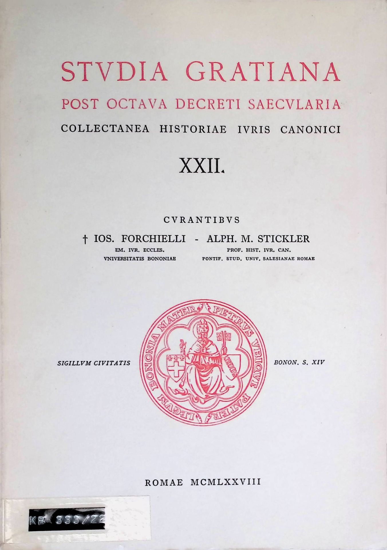 Studia Gratiana Post Octava Decreti Saecularia. Collectanea Historiae Iuris Canonici XXII