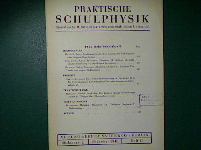 Luftschutzverdunklung, physikalisch betrachtet. - 11.Heft 1940 - Praktische Schulphysik. Monatsschrift für den naturwissenschaftlichen Unterricht