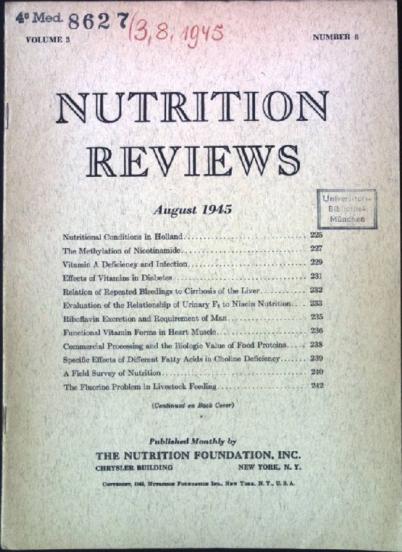 Relation of Repeated Bleedings to Cirrhosis of the Liver. - In : Vol. 3, Number 8, August /1945, Nutrition Reviews