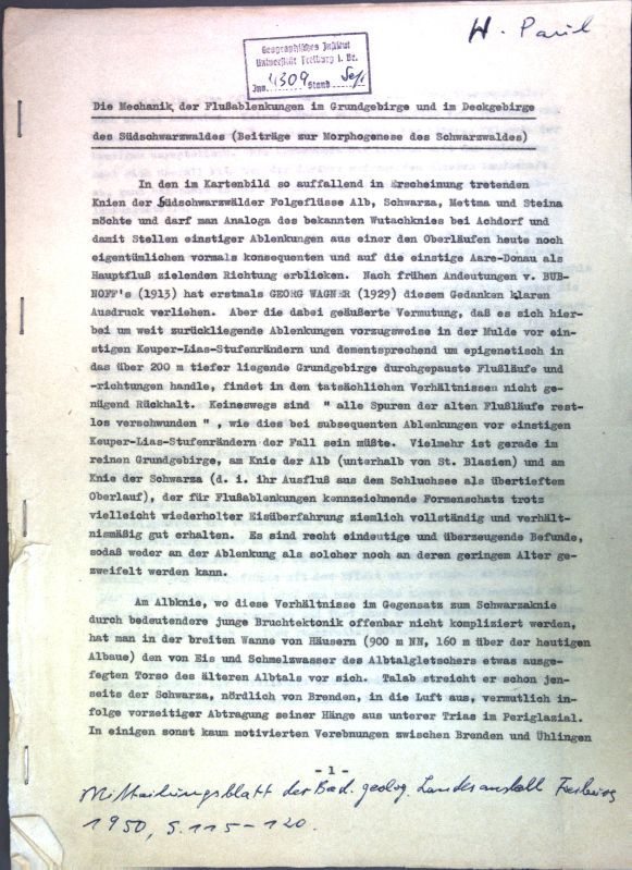 Die Mechanik der Flußablenkungen im Grundgebirge und im Deckgebirge des Südschwarzwaldes (Beiträge zur Morphogenese des Schwarzwaldes)