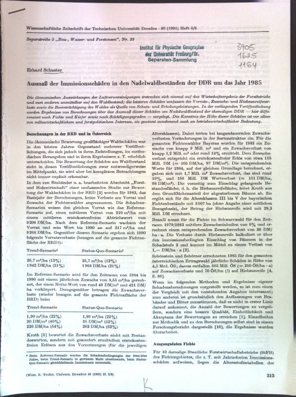 Ausmaß der Immissionsschäden in den Nadelwaldbeständen der DDR um das Jahr 1985