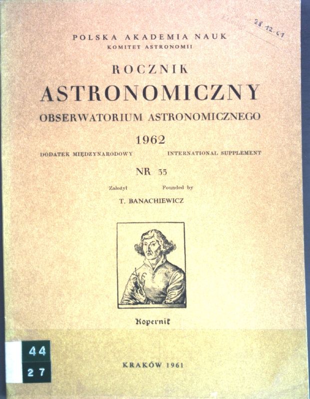 Rocznik Astronomiczny Obserwatorjum Krakowskiego 1962, Dodatek Miedzynarodowy/supplemento Interantionale Nr. 33