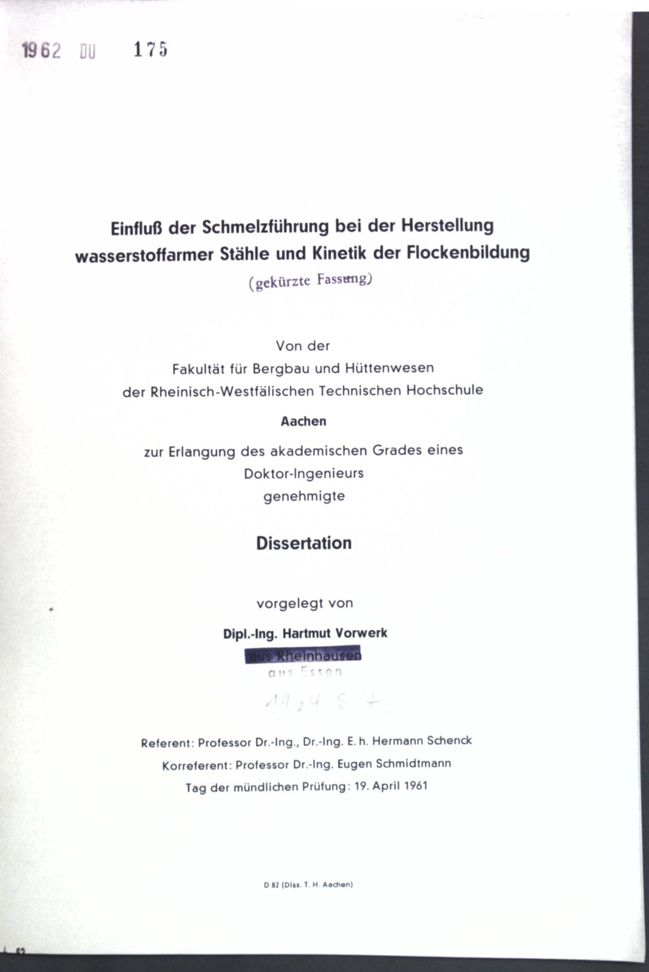 Einfluß der Schmelzführung bei der Herstellung wasserstoffarmer Stähle und Kinetik der Flockenbildung