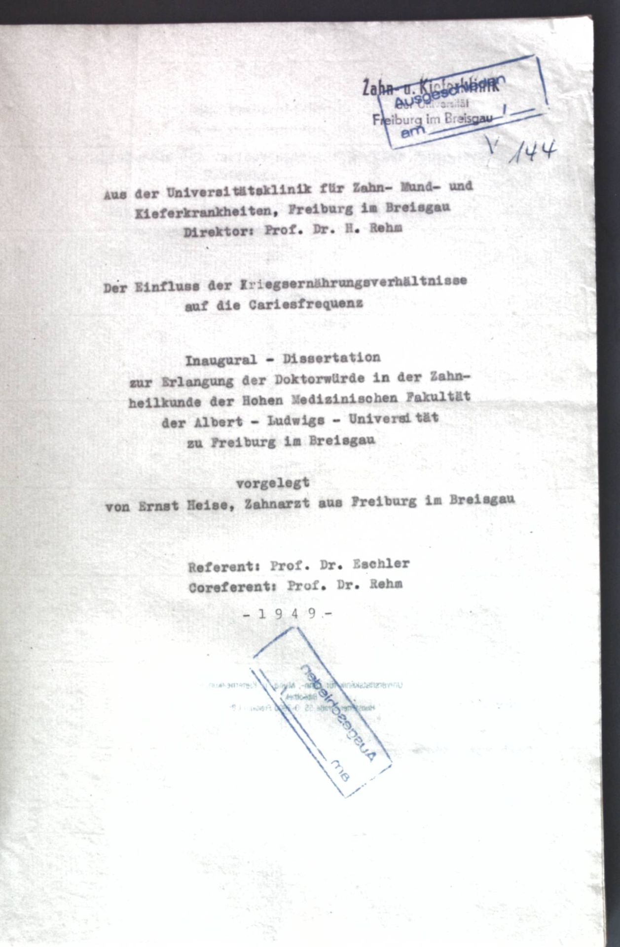 Der Einfluss der Kriegsernährungsverhältnisse auf die Cariesfrequenz