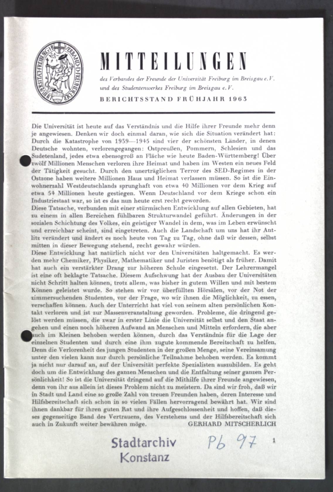 Die gesundheitliche Betreuung der Studierenden durch das Studentenwerk - in: Mitteilungen des Verbandes der Freunde der Universität Freiburg im Breisgau e. V., Berichtsstand Frühjahr 1963
