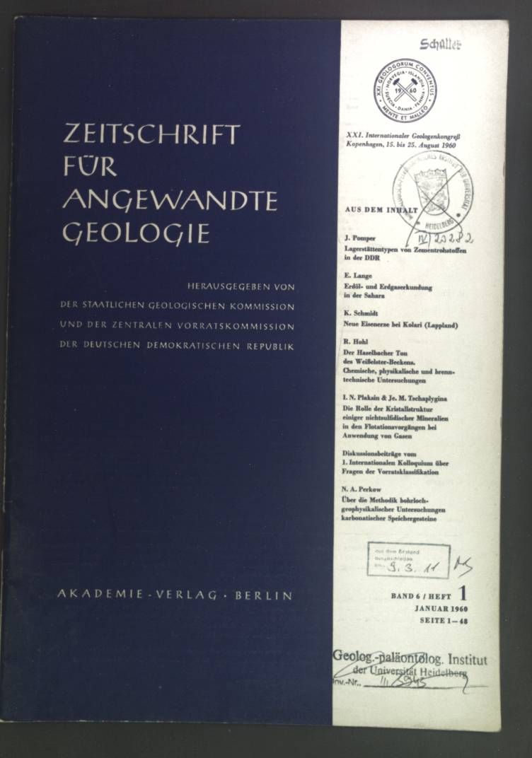 Lagerstättentypen von Zementrohstoffen in der DDR. - in: Zeitschrift für angewandte Geologie Band 6, Heft 1, 1960