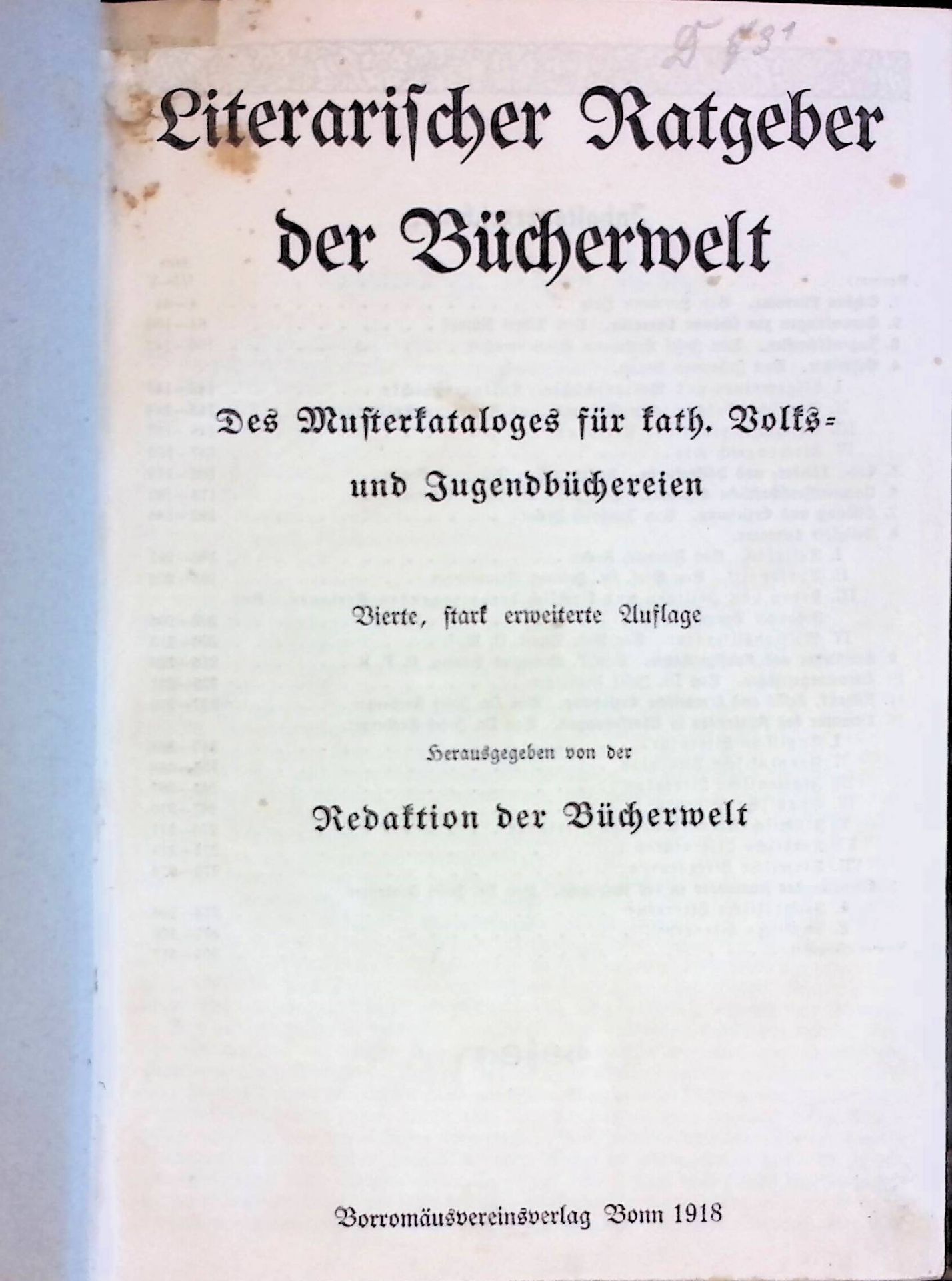 Literarischer Ratgeber der Bücherwelt. Des Musterkataloges für kath. Volks- und Jugendbüchereien