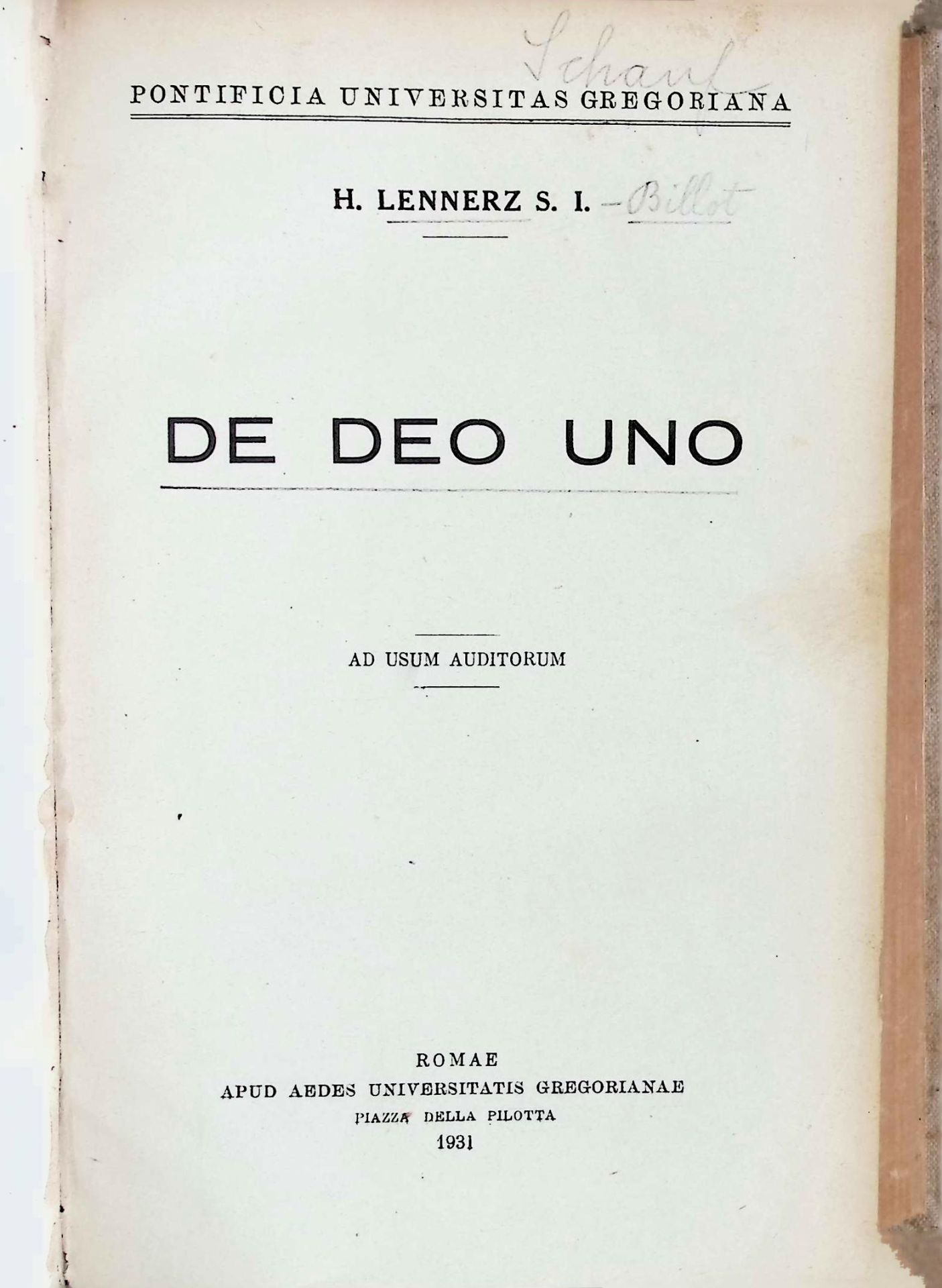 De Deo Uno. Ad Usum Auditorum